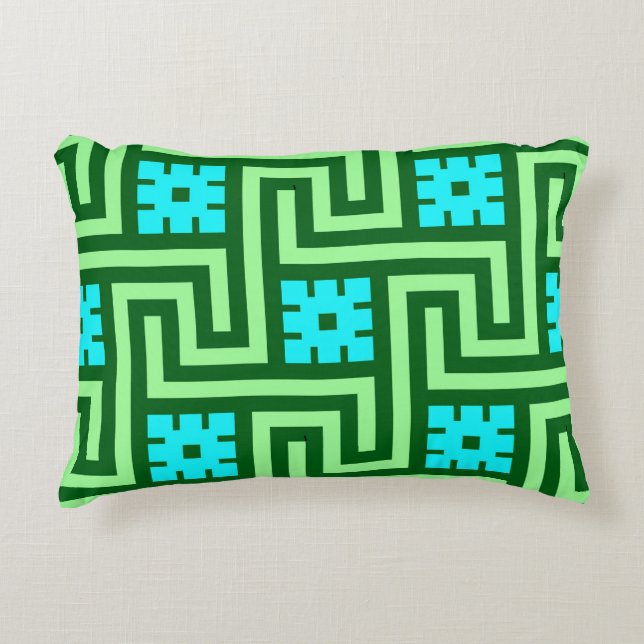 Deco Greek Key, Turquoise and Jade Green Accent Pillow (Front)