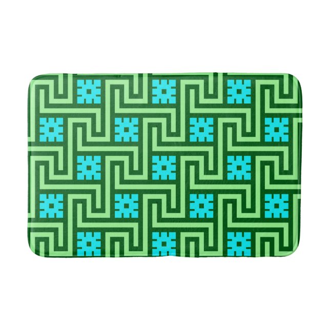 Deco Greek Key, Turquoise and Jade Green Bath Mat (Front)