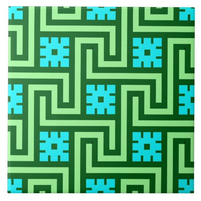 Deco Greek Key, Turquoise and Jade Green Tile (Front)