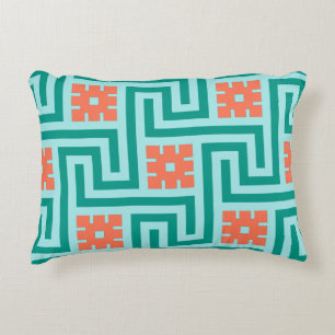 Deco Greek Key, Turquoise, Aqua and Coral Accent Pillow