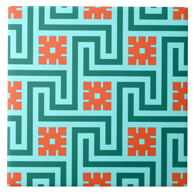Deco Greek Key, Turquoise, Aqua and Coral Tile (Front)