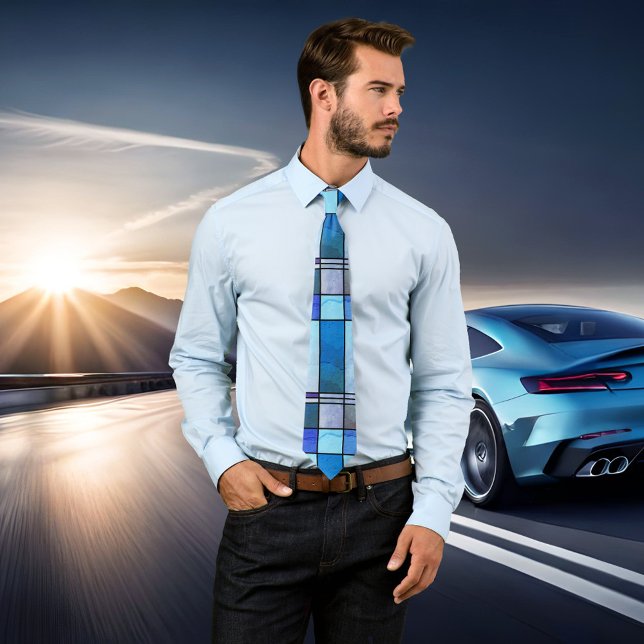 Deco Grunge Blue Pattern Leaded Glass Tie (Artistic grunge design tie inspired by Mondrian in a leaded glass and art deco style)