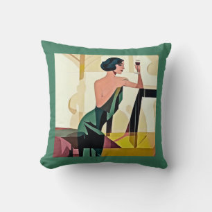 Deco Lady in Green Modern Art Throw Pillow