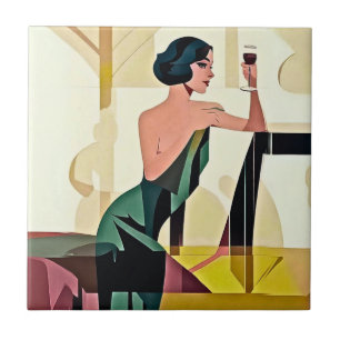Deco Lady in Green Modern Art Tile