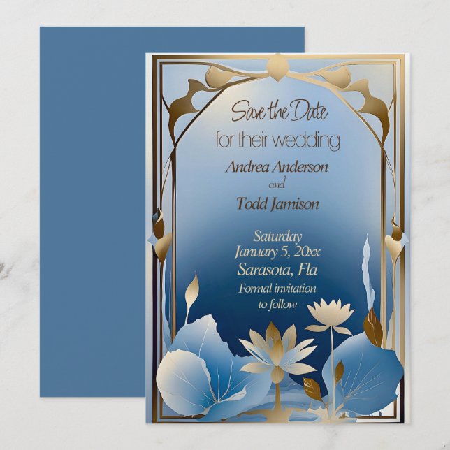 Deco minimalism blue gold lotus flower save the date (Front/Back)