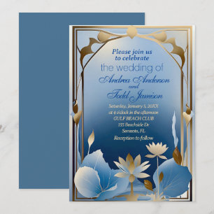Deco minimalism blue gold lotus flower wedding  invitation
