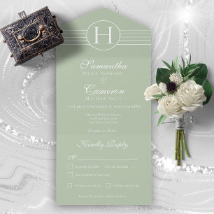 Deco Modern Monogram Sage Green Dinner All In One Invitation