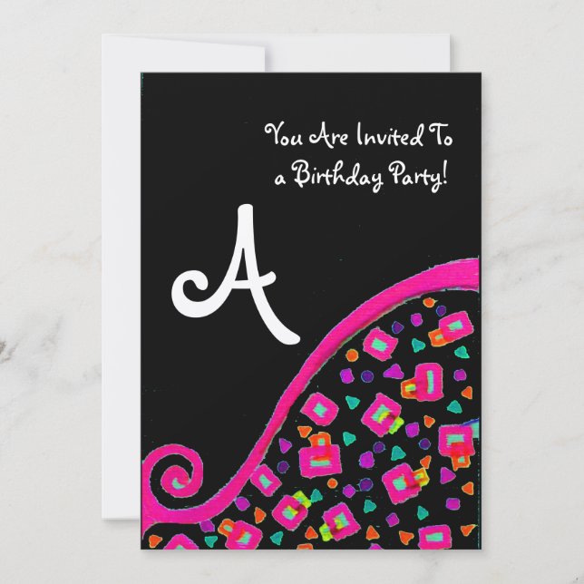DECO MONOGRAM BIRTHDAY PARTY, fuchsia black gold Invitation (Front)