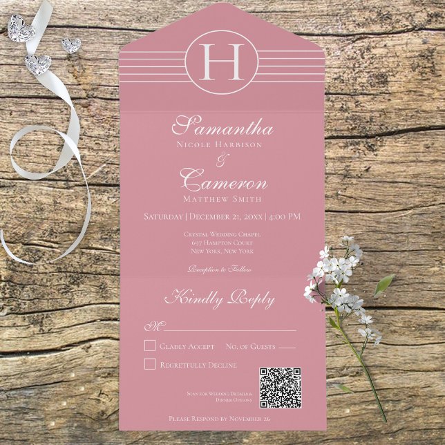 Deco Monogram Modern Dusty Pink QR Code All In One Invitation (Creator Uploaded)