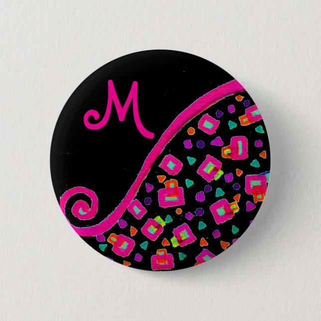 DECO MONOGRAM  Pink Fuchsia Yellow White Black 2 Inch Round Button (Front)
