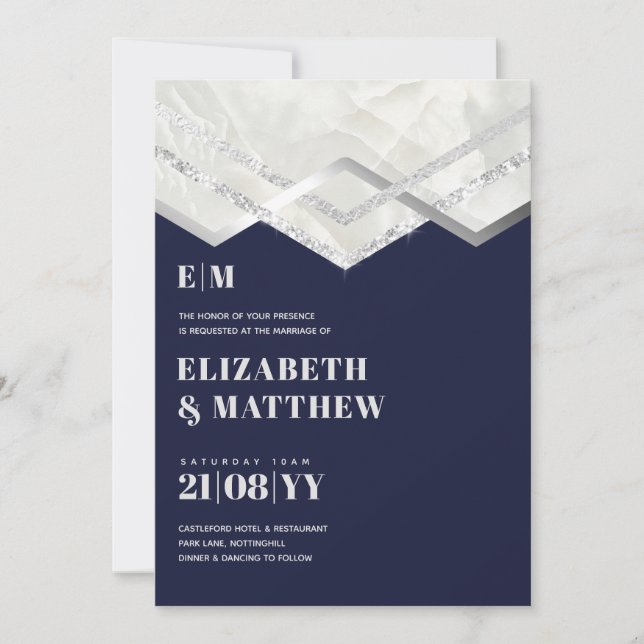 Deco Navy Silver Minimalist Typography Wedding (Front)