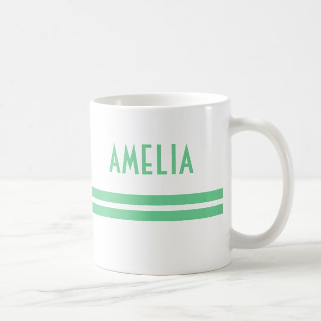 Deco Stripes Name Monogram Mint Green White Coffee Mug (Right)