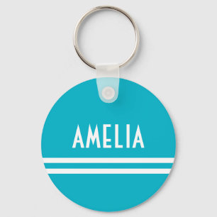 Deco Stripes Name Monogram White Bright Blue Keychain