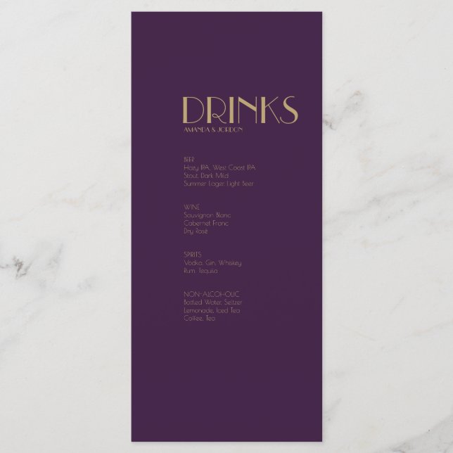 Déco type or | Menu Mariage foncé violet (Devant)