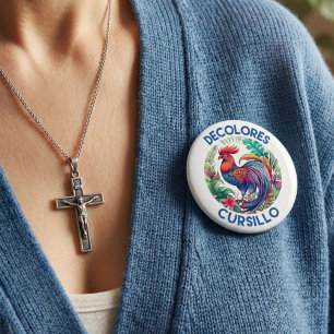 DeColores Cursillo Colorful Floral Rooster White 4 Inch Round Button