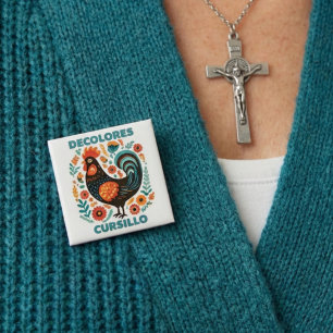 DeColores Cursillo Folk Art Black Rooster Faith  2 Inch Square Button