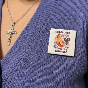 DeColores Cursillo Folk Art Rooster Christian 2 Inch Square Button