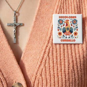 DeColores Cursillo Rooster Floral Folk Art Orange 2 Inch Square Button