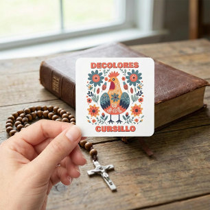 DeColores Cursillo Rooster Floral Folk Art Orange Square Sticker
