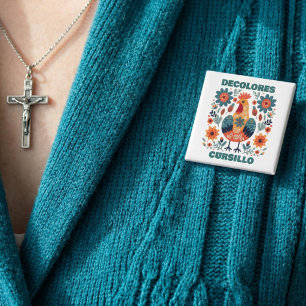 DeColores Cursillo Rooster Floral Folk Art Teal 2 Inch Square Button