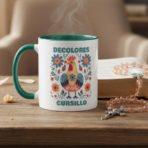 DeColores Cursillo Rooster Floral Folk Art Teal Mug