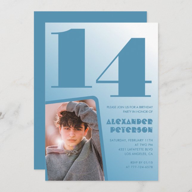 Décor bleu 14e anniversaire invitations Boy Photo (Devant / Derrière)