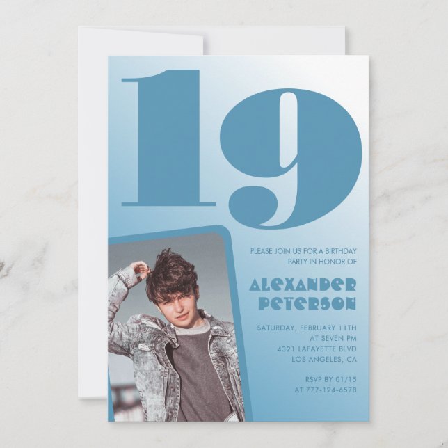 Décor bleu 19e anniversaire invitations Boy Photo (Devant)
