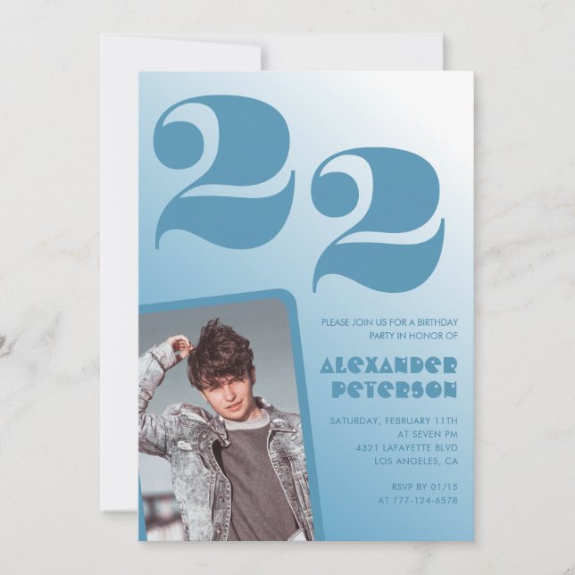 Décor bleu 22e anniversaire invitations Boy Photo (Devant)