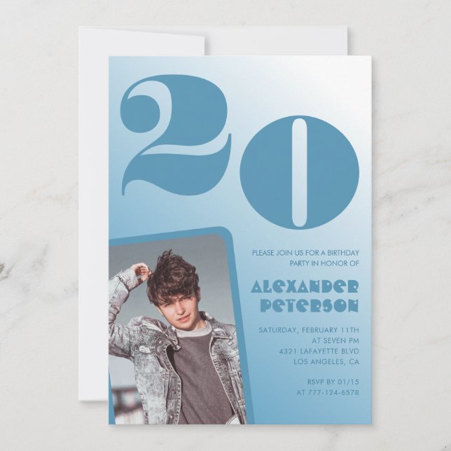 Décor bleu Invitations à 20e anniversaire Boy Phot (Devant)