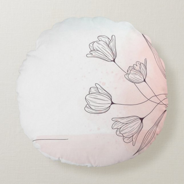 Décor de Coussin Rond Floral Aquarelle Rose Romant (Devant)