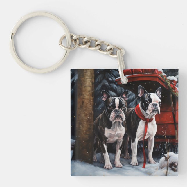 Décor de Noël de Boston Terrier Snowy Sleigh (Devant)