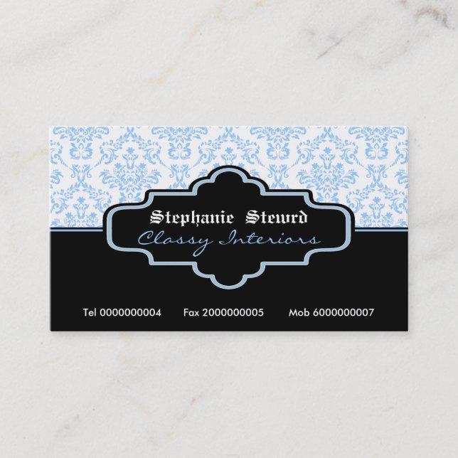 Décor noir bleu blanc damassé cartes de visite (Devant)