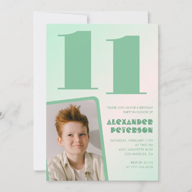 Décor vert 11e anniversaire invitations Boy Photo (Devant)