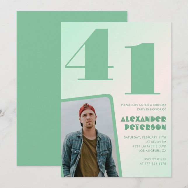 Décor vert 41e anniversaire invitations Boy Photo (Devant / Derrière)