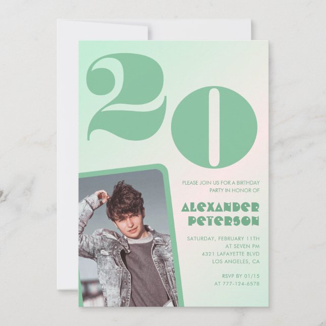 Décor vert Invitations à 20e anniversaire Boy Phot (Devant)