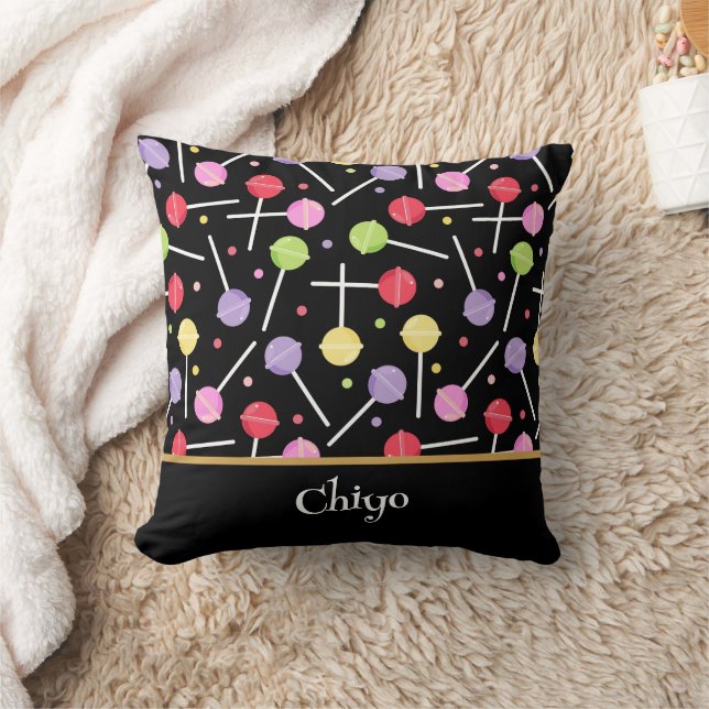 Decora Candy Lollipop Patterned Black Throw Pillow (Blanket)