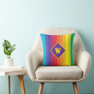 Decora Kei Bold Rainbow Striped Monogram Throw Pillow