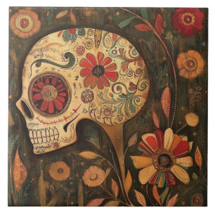 Decorated Autumn Day Of The Dead Skull Tile