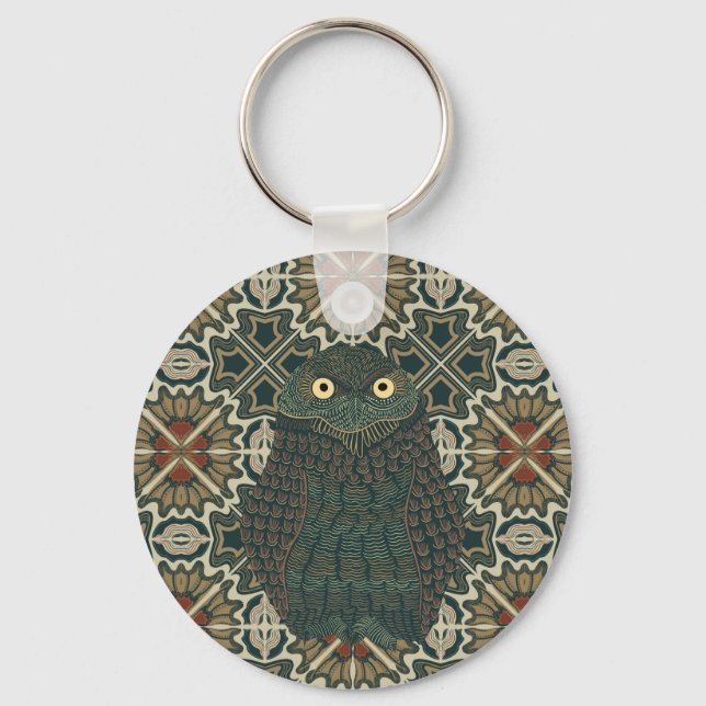 Decorated Burrowing Owl Golden Brown Earth Tones Keychain (Front)
