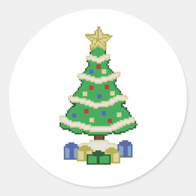 Decorated Christmas Tree 8bit Video Game Style Cla Classic Round Sticker (Front)