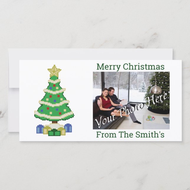 Decorated Christmas Tree 8bit Video Game Style Hol Holiday Card (Front)