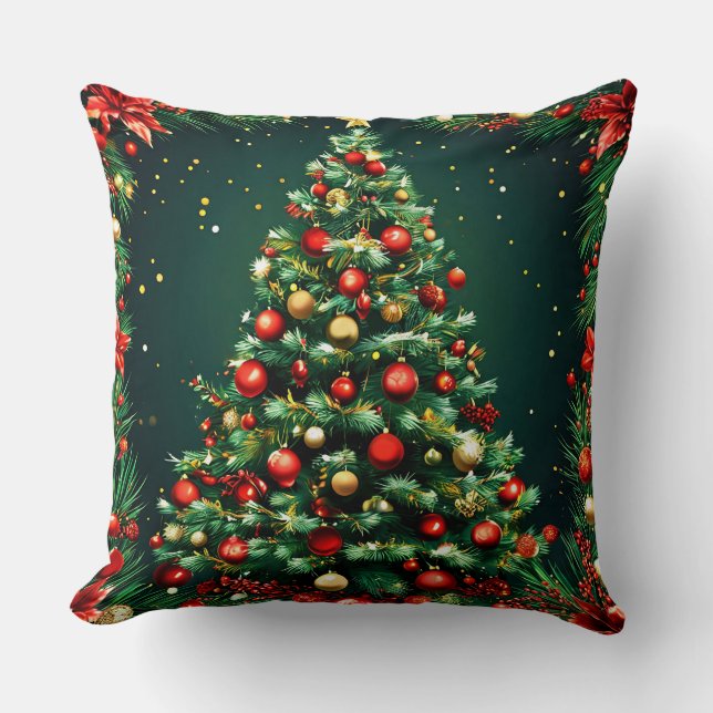 Decorated Christmas Tree in a Winter Scene Throw Pillow (Front)