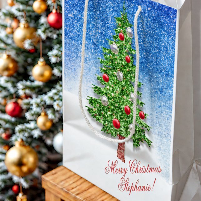 Decorated christmas tree in snow custom text medium gift bag (Creator Uploaded)