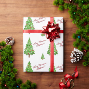 Decorated christmas tree in snow custom text wrapping paper