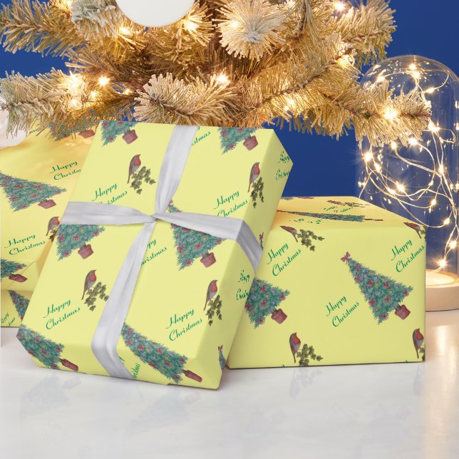 decorated christmas tree robin ivy seasonal art wrapping paper (Holidays)