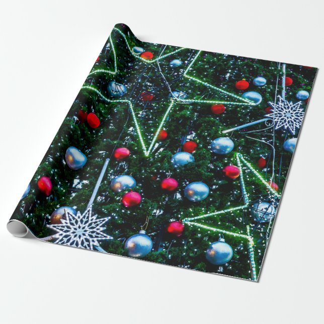 Decorated Christmas Tree, Stars, Balls Wrapping Paper (Unrolled)