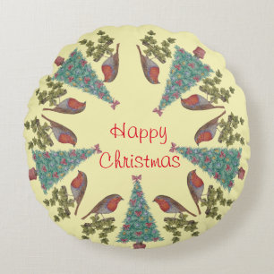 decorated christmas trees with ivy and robins round pillow