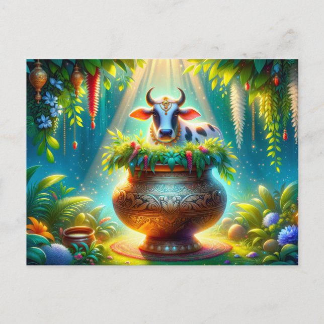 Decorated Cow in Pongal Pot Postcard (Front)