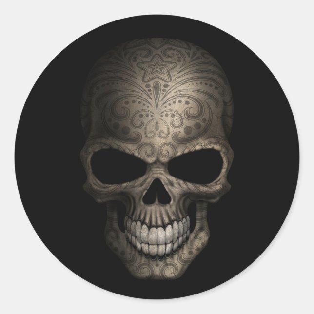 Decorated Dark Skull Classic Round Sticker (Front)
