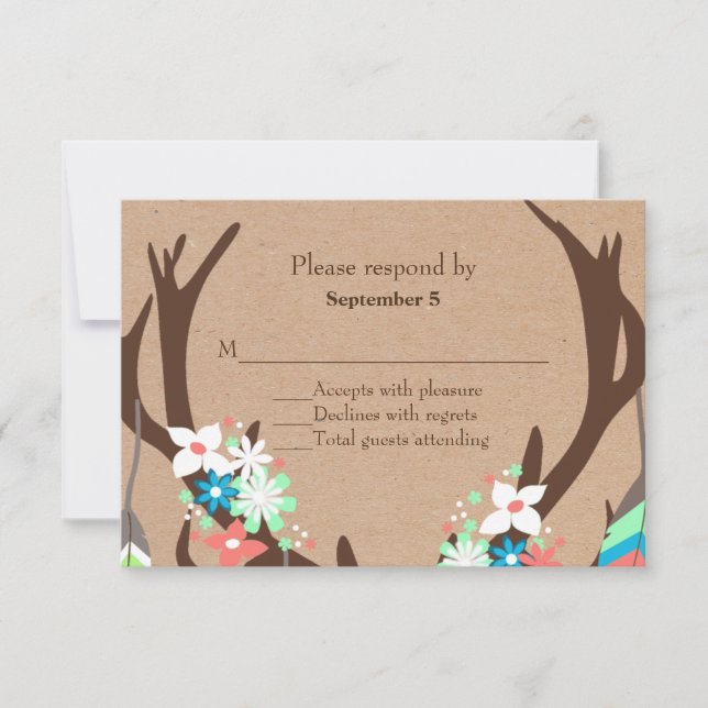 Decorated Deer Antlers Wedding RSVP Card (Front)